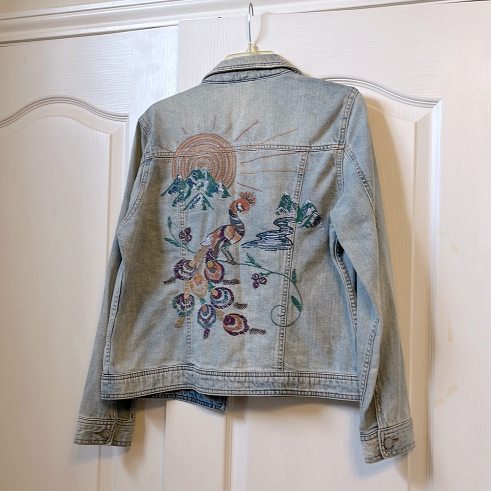Aeropostale denim jacket with multi colored embroidered peacock